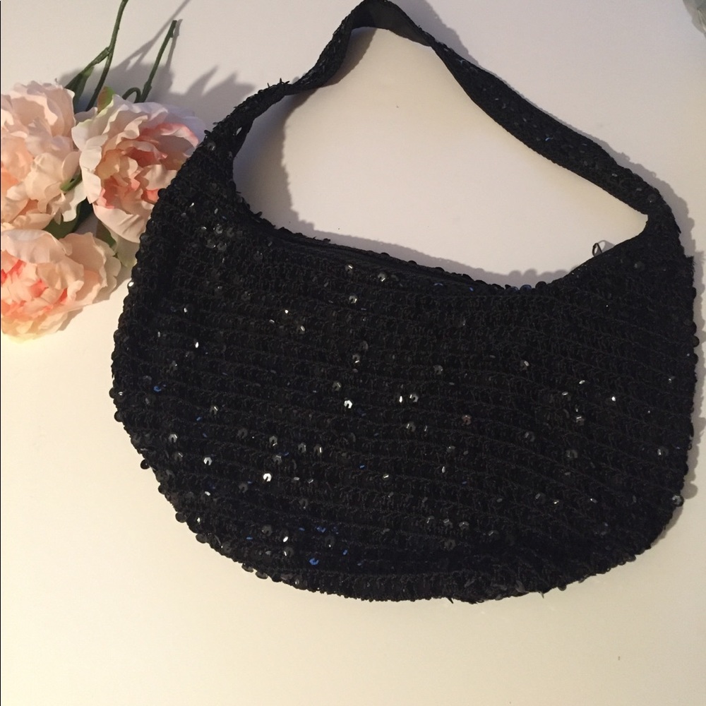Crochet And Sequin Shoulder Bag Black